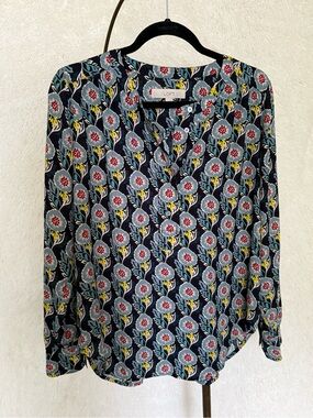 LOFT Navy Floral Button-Front Blouse with Red & Yellow Accents (S)